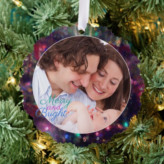 メリークリスマスライト写真テンプレート オーナメントカード (インサイチュ (木))