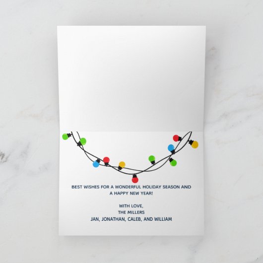 メリークリスマスライト写真モダン可愛いネイビーブルー シーズンカード (内部)