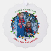 メリークリスマスライト写真家族から赤緑 オーナメントカード (正面)