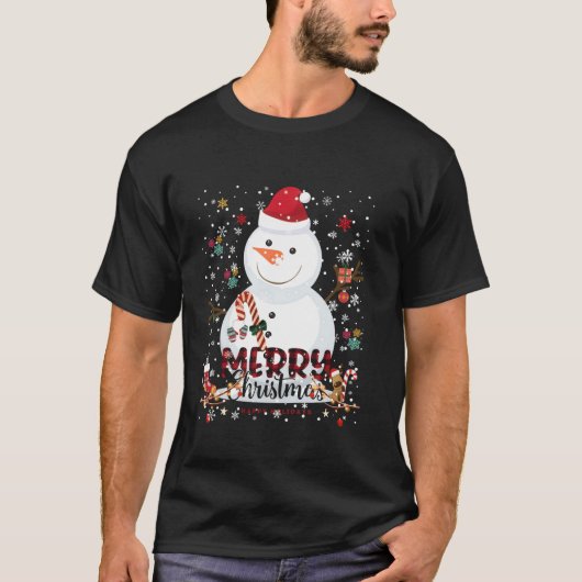 メリークリスマスライト雪だるまレッドサンタハットクリスマス Tシャツ (正面)