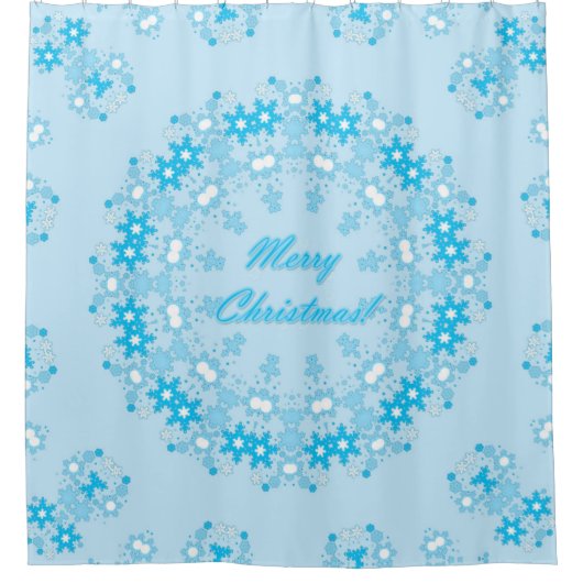 メリークリスマスラウンドのスノーフレークの冬の白い青 シャワーカーテン (正面)