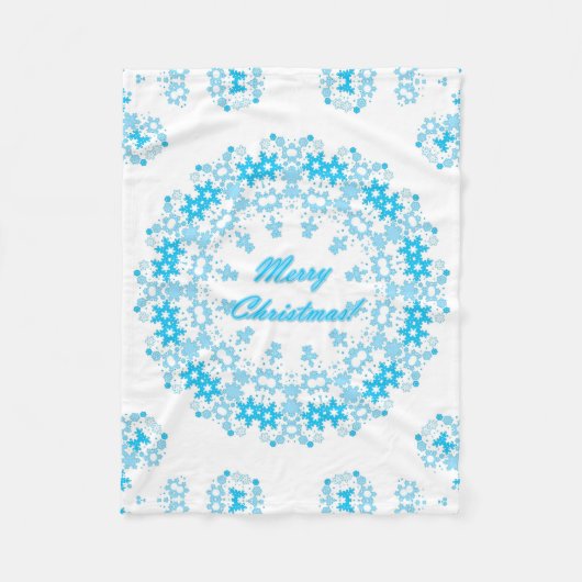 メリークリスマスラウンドのスノーフレークの冬の白い青 フリースブランケット (正面)