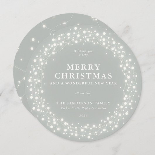 メリークリスマスラウンドグレーグリーンきらめくライト シーズンカード (正面/裏面)