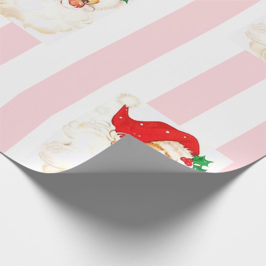 メリークリスマスラッピングピンク&ホワイトストライプサンタ ラッピングペーパー (角)