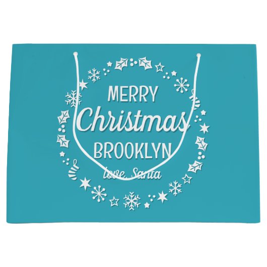 メリークリスマスラブサンタ名前をカスタムするティール（緑がかった色） ラージペーパーバッグ (正面)
