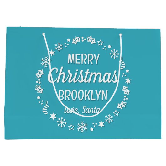 メリークリスマスラブサンタ名前をカスタムするティール（緑がかった色） ラージペーパーバッグ (裏面)