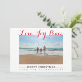 メリークリスマスラブジョイ平和タイポグラフィ写真 シーズンカード (スタンド正面)