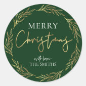 メリークリスマスラベルホリーリースフェイクゴールドフォイル ラウンドシール (正面)