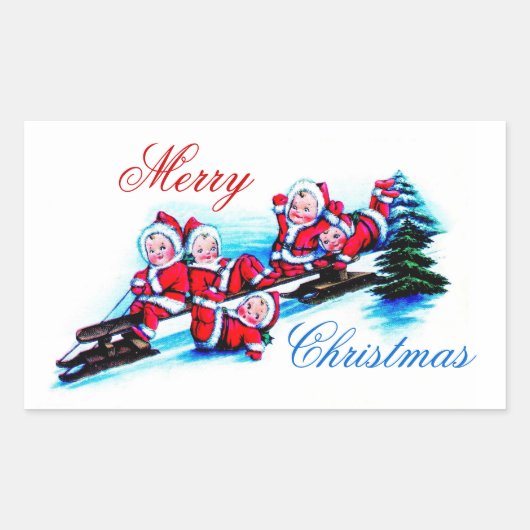 メリークリスマスラベル – 雪の小妖精や小人そり 長方形シール (正面)