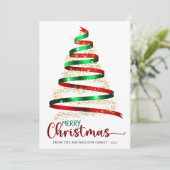 メリークリスマスリボンツリー金ゴールドグリッターホリデー カード (スタンド正面)