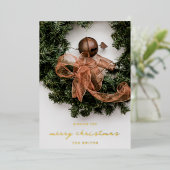 メリークリスマスリボンベルリースエレガント写真 箔シーズンカード (立ち正面)