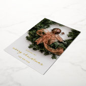 メリークリスマスリボンベルリースエレガント写真 箔シーズンカード (回転した状態)