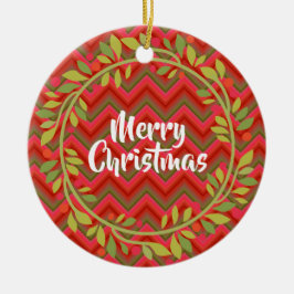 メリークリスマスリースとシェブロンレトロ セラミックオーナメント