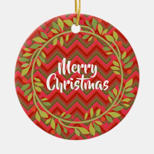 メリークリスマスリースとシェブロンレトロ セラミックオーナメント (正面)