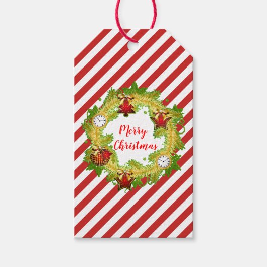 メリークリスマスリースとストライプ ギフトタグ (正面)