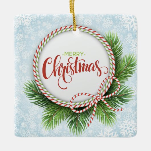 メリークリスマスリースと雪片 セラミックオーナメント (正面)