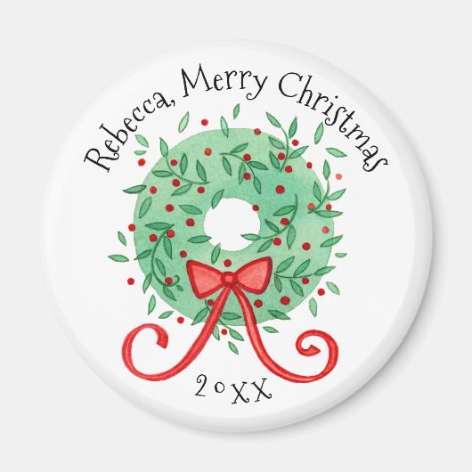 メリークリスマスリースの名前と年の追加 マグネット (正面)