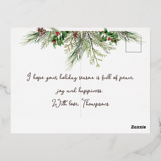 メリークリスマスリースウィンターレッドフラワーパインツリー 箔シーズンポストカード (裏面)