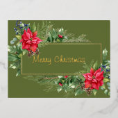 メリークリスマスリースウィンターレッドフラワーパインツリー 箔シーズンポストカード (正面)