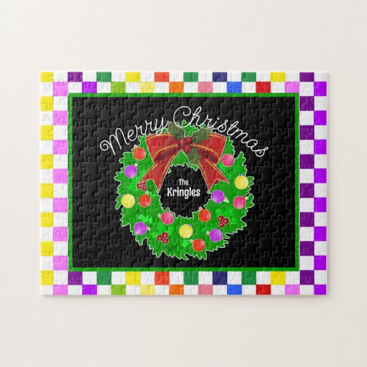 メリークリスマスリースパーソナライズされたカラフル ジグソーパズル (横)