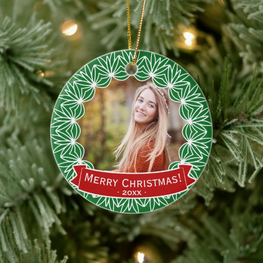 メリークリスマスリースパーソナライズされたホリデーフォト セラミックオーナメント (ツリー)