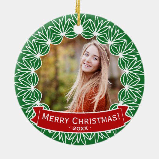 メリークリスマスリースパーソナライズされたホリデーフォト セラミックオーナメント (裏面)