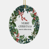 メリークリスマスリースパーソナライズされたレッドボウグリーン セラミックオーナメント (右)