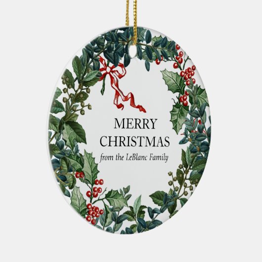 メリークリスマスリースパーソナライズされたレッドボウグリーン セラミックオーナメント (右)