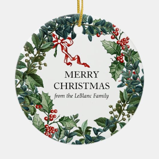 メリークリスマスリースパーソナライズされたレッドボウグリーン セラミックオーナメント (正面)
