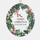 メリークリスマスリースパーソナライズされたレッドボウグリーン セラミックオーナメント (左)