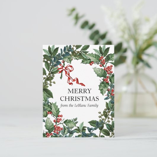 メリークリスマスリースパーソナライズされたレッドボウホリー シーズンカード (スタンド正面)