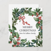 メリークリスマスリースパーソナライズされたレッドボウホリー シーズンカード (正面/裏面)