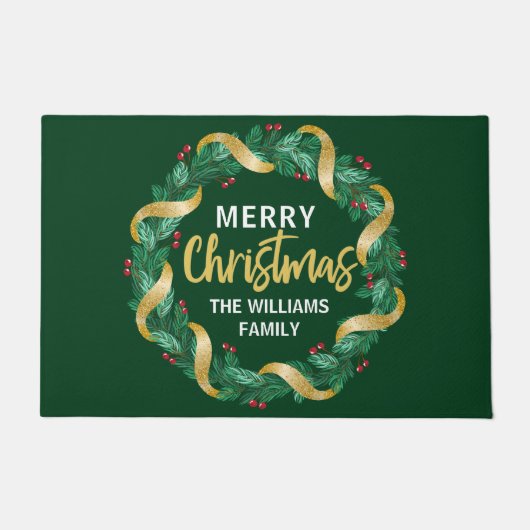 メリークリスマスリースファミリーモノグラムグリーン ドアマット (正面)