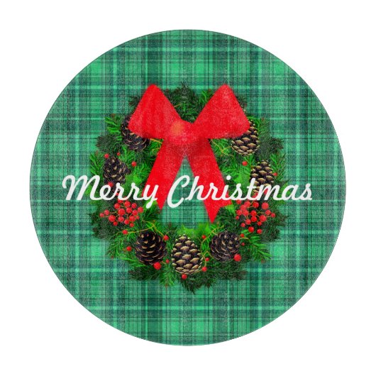 メリークリスマスリースプレイドレトロホリデーラウンド カッティングボード (正面)