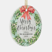 メリークリスマスリースレッドボウファミリーフォト セラミックオーナメント (右)
