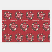 メリークリスマスリースレッドポインセチア家族名 ラッピングペーパーシート (正面)