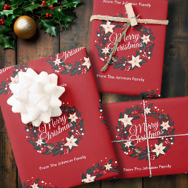メリークリスマスリースレッドポインセチア家族名 ラッピングペーパーシート