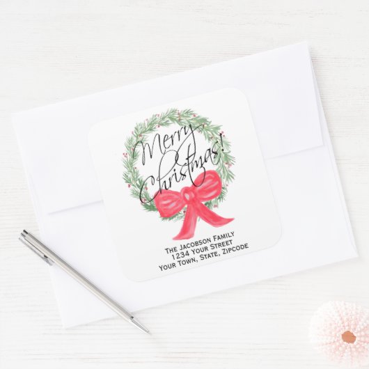 メリークリスマスリース差出人住所またはギフトラベル スクエアシール (封筒)