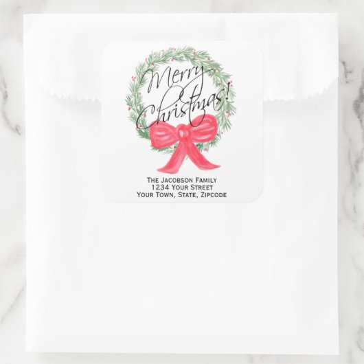 メリークリスマスリース差出人住所またはギフトラベル スクエアシール (バッグ)
