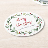 メリークリスマスリース手書き家族フェスティバル ラウンドペーパーコースター (アングル)