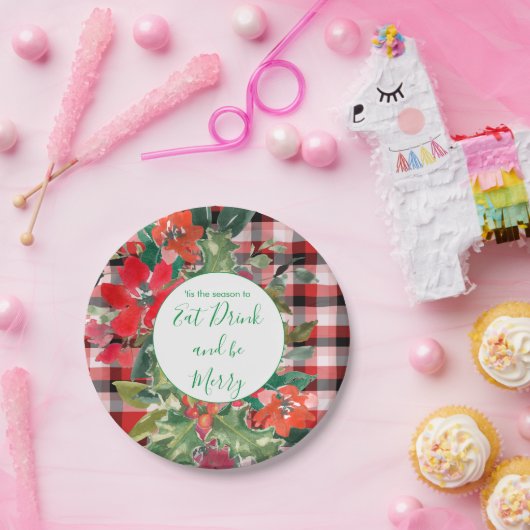 メリークリスマスリース赤い格子緑 ペーパープレート (パーティー)