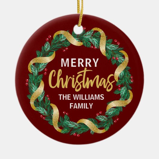 メリークリスマスリース金ゴールドファミカスタムリーレッド セラミックオーナメント (正面)