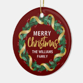 メリークリスマスリース金ゴールドファミカスタムリーレッド セラミックオーナメント (左)
