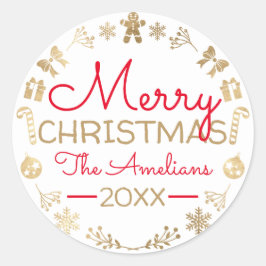メリークリスマスリース金ゴールドレッドネームコテージホワイト ラウンドシール