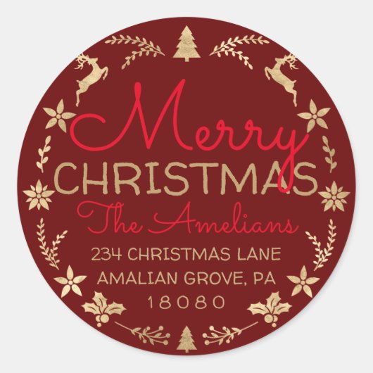 メリークリスマスリース金ゴールド素朴RSVPブルゴーニュ ラウンドシール (正面)