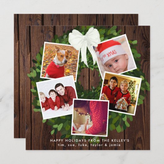 メリークリスマスリース5フォトスパーソナライズされたクエア シーズンカード (正面/裏面)