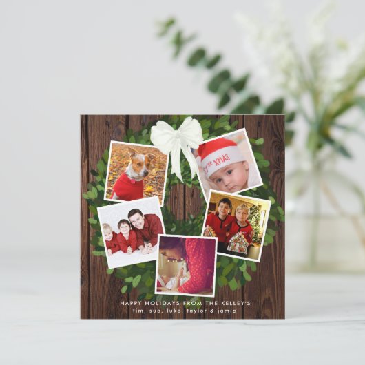 メリークリスマスリース5フォトスパーソナライズされたクエア シーズンカード (スタンド正面)