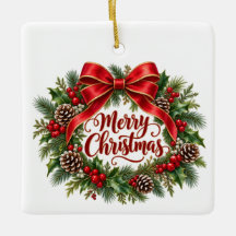 メリークリスマスリース スクエア 陶器 オーナメント