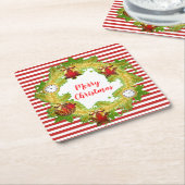 メリークリスマスリース&ストライプ スクエアペーパーコースター (アングル)