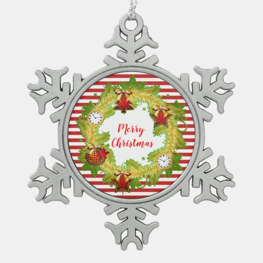 メリークリスマスリース&ストライプ スノーフレークピューターオーナメント (正面)